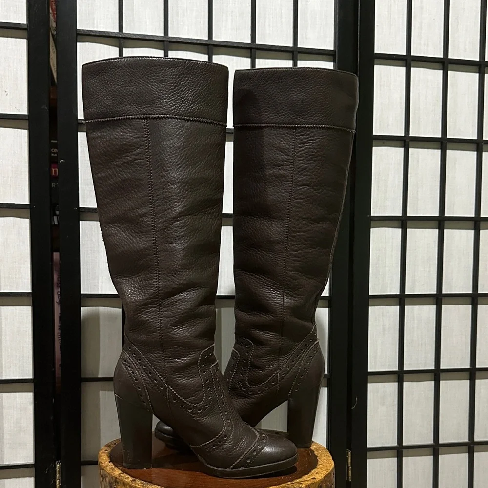 Michael Kors Penelope Dark Brown Leather Wingtip Knee Boot 7